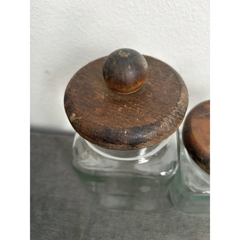 Vintage Anchor Hocking Clear Glass Canister Set Wood Lids Farmhouse Apothecary